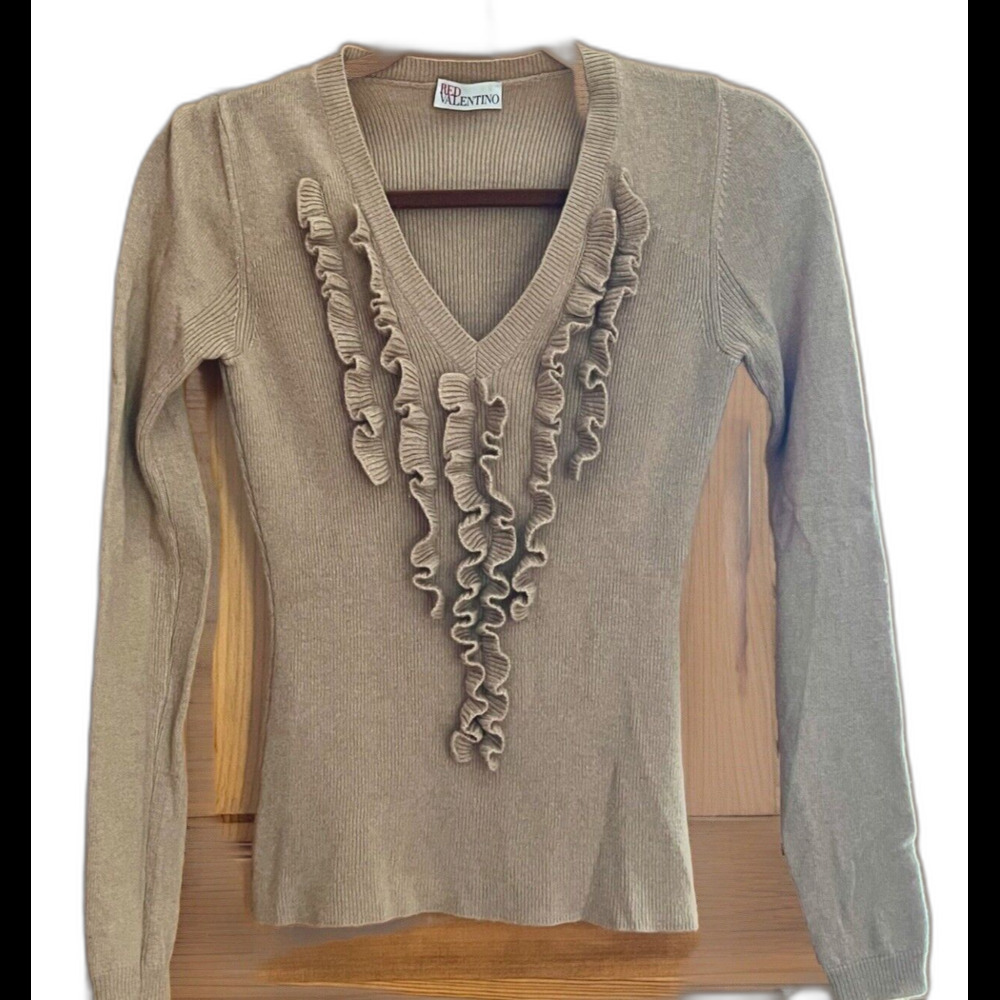 RED VALENTINO V Neck Ruffle Merino Wool Sweater Women Blush Coquette Feminine